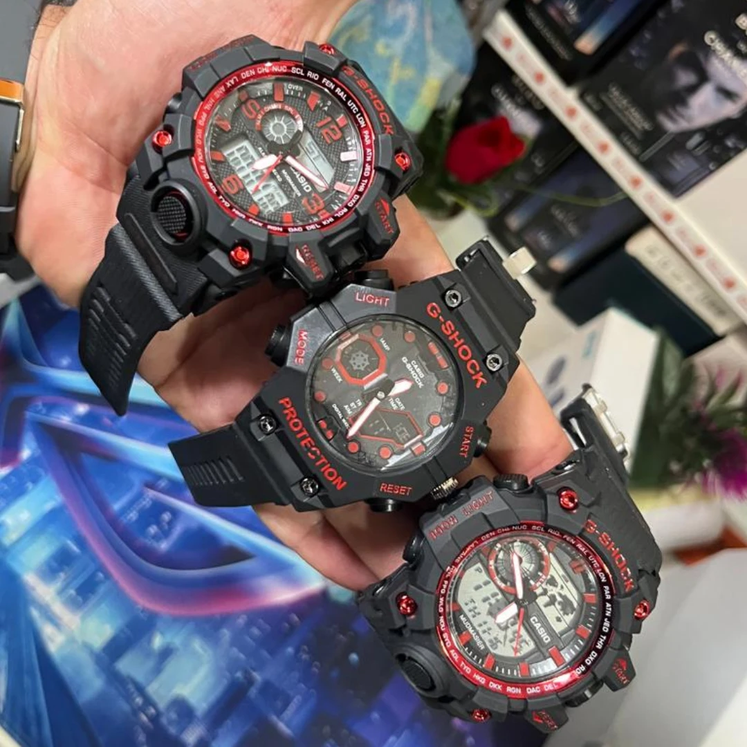 ساعات جي-شوك ​​الرياضية السوداء، محرك مزدوج، توقيت مزدوج، مقاومة للماء